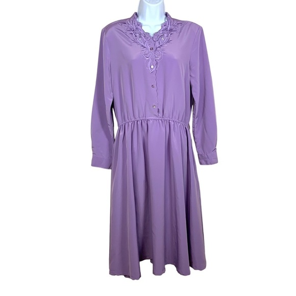 Vintage Anthony Richards Purple Long Sleeve Dress Floral Embroidered Accent - Picture 1 of 11